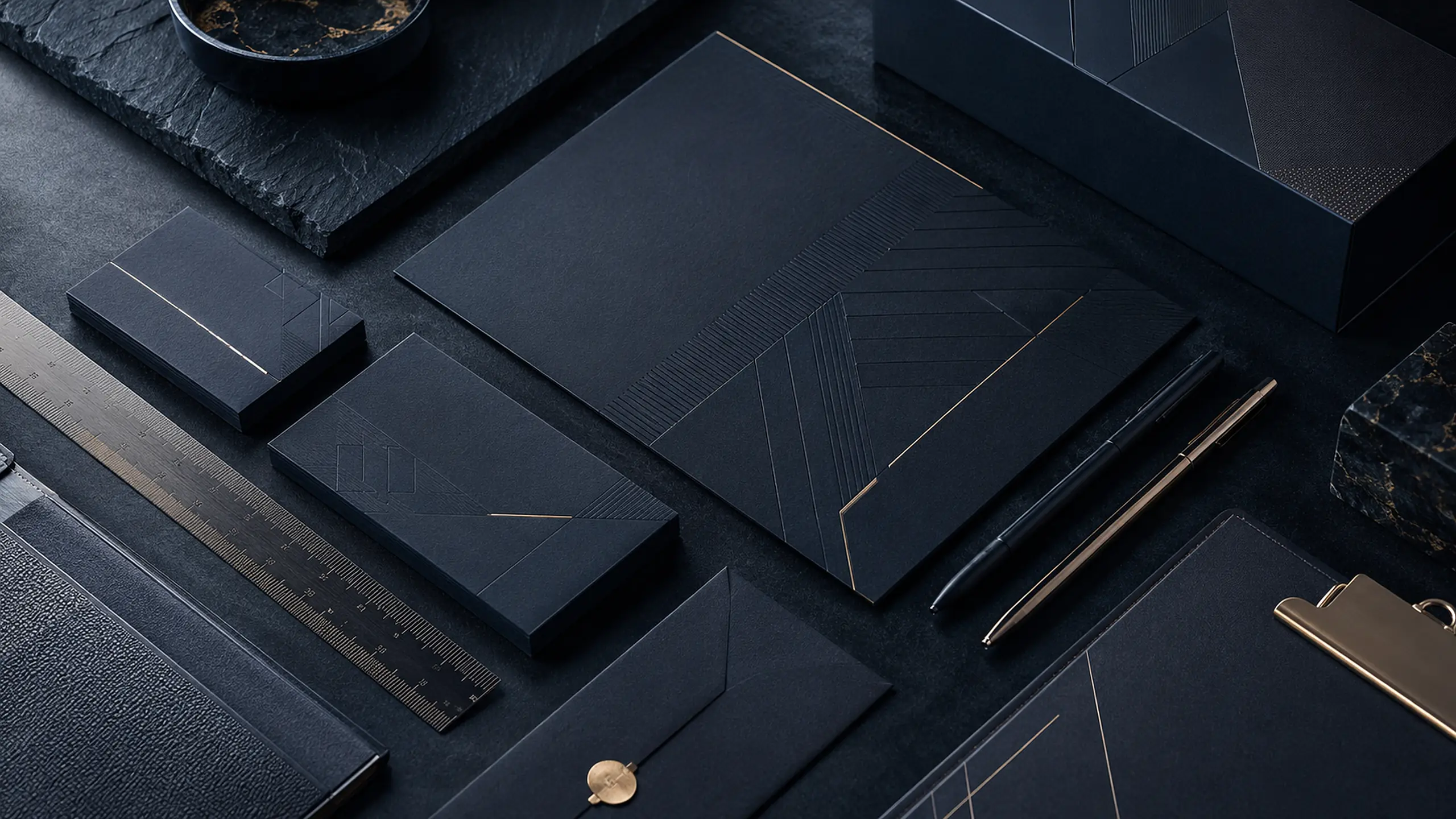 Premium-Geschäftsausstattung mit hochwertigen Papieren und feinen Metalldetails