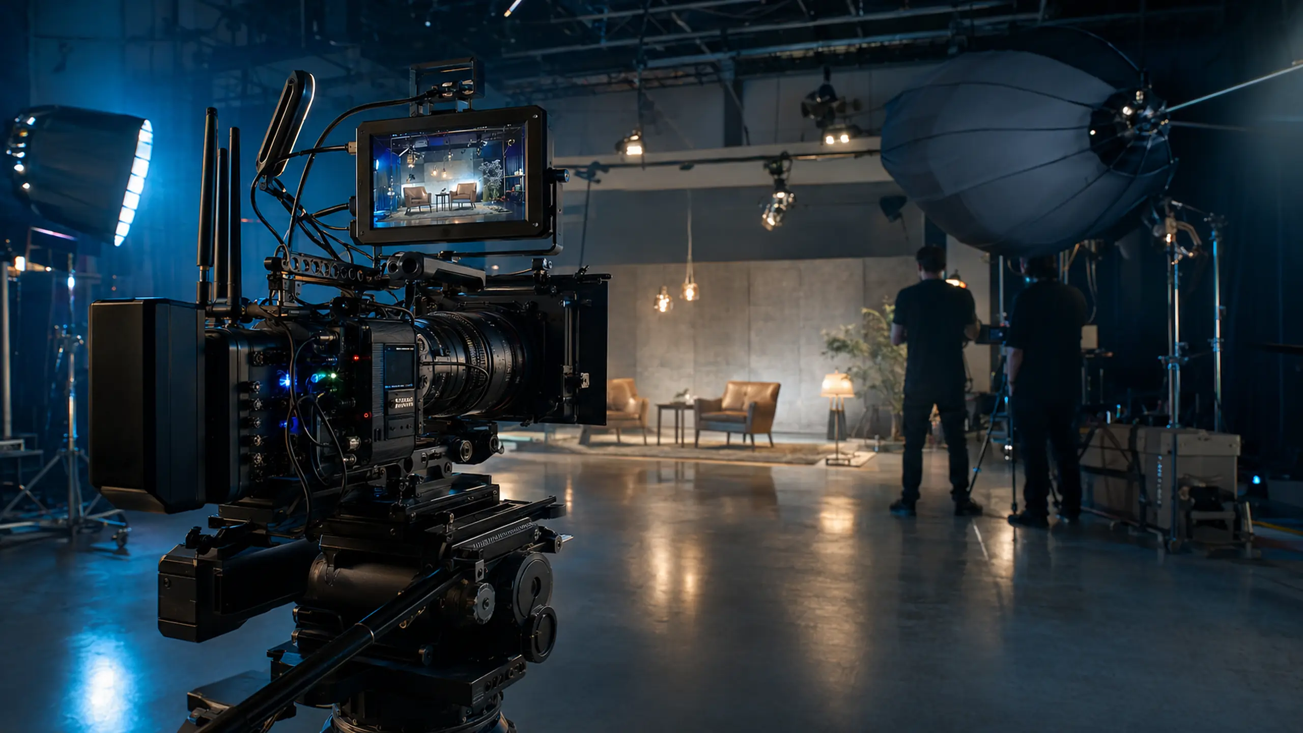 Professionelle Filmproduktion mit Kinokamera, Lichttechnik und Studioset