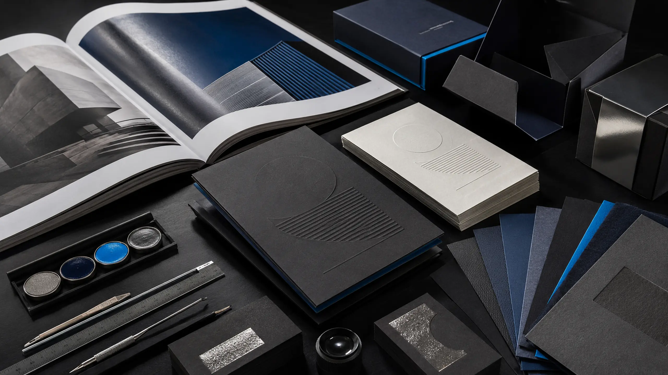 Hochwertige Broschüren, Verpackungen und Papiermuster in dunkler Premium-Gestaltung